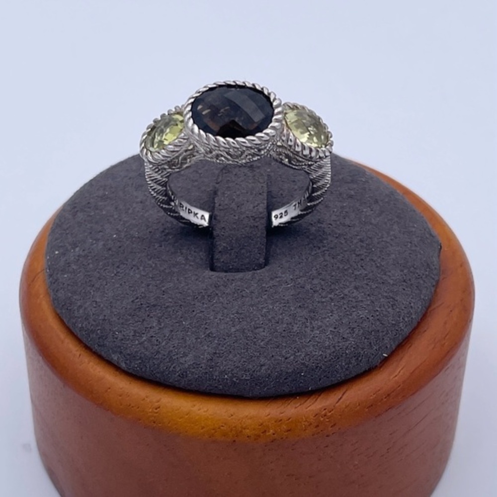 Judith Ripka Sterling Silver Triple Stone Ring Smoky Quartz & Lemon Quartz SZ-8